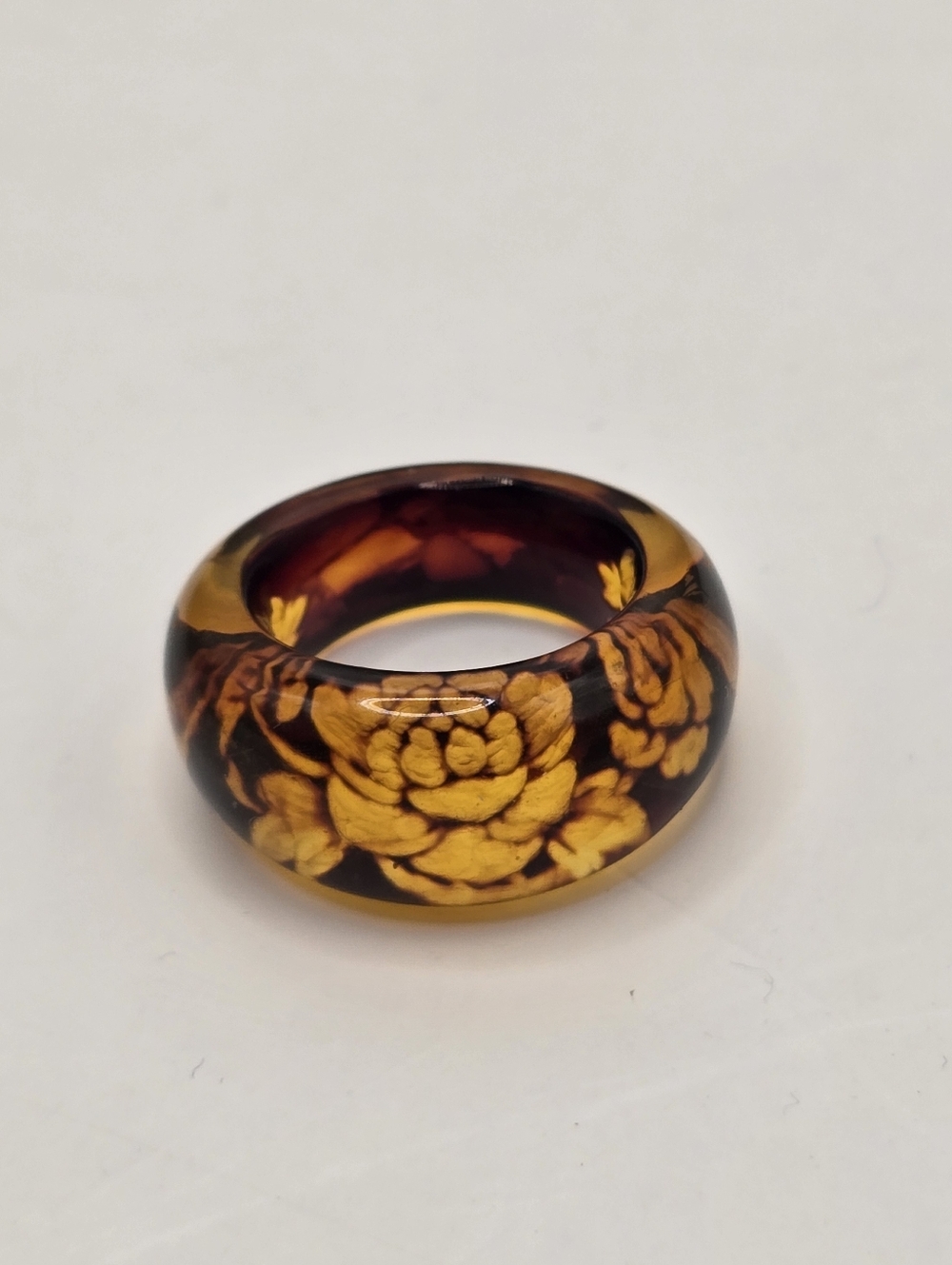 Vintage Amber Floral Bakelite Band Ring - Yellow Floral Reversed Carved